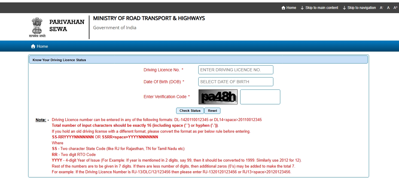 Sarathi Parivahan Driving License Online Application Step 1