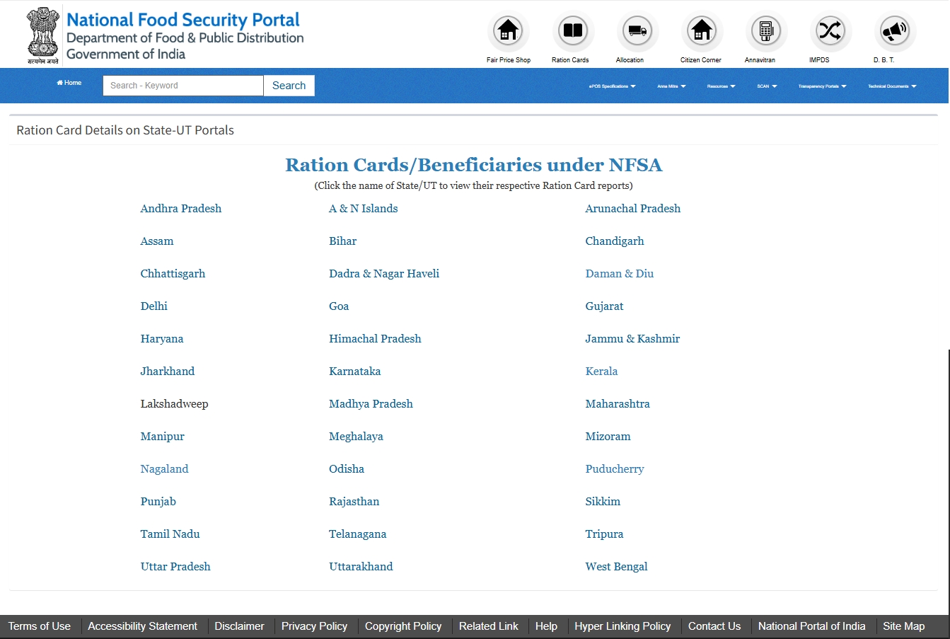 State Food Portal state-wise Ration Card beneficiary List Check Screen